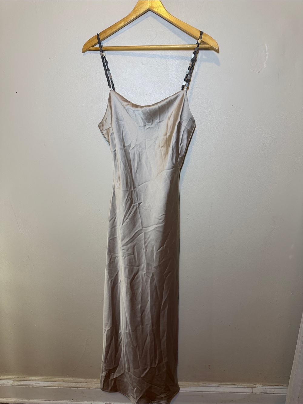 Zara Beige Satin Slip Dress with Beaded Straps